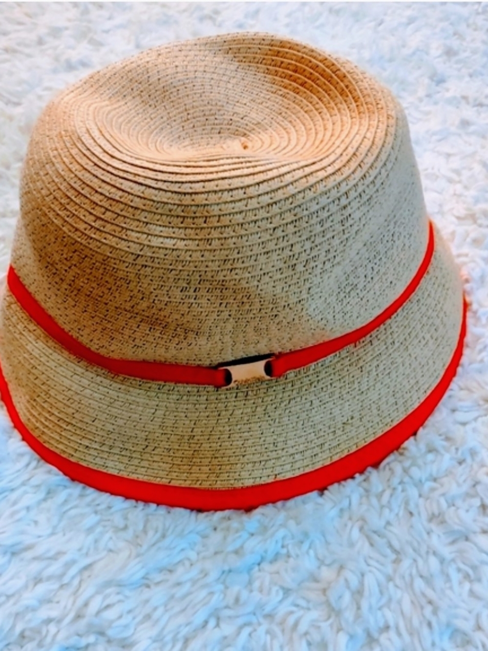 Calvin Klein Tan Straw Bucket Hat with Orange Trim